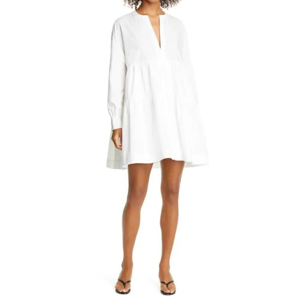 ANINE BING Addison Tiered Cotton V-Neck Long Sleeve Oversized Babydoll Mini Dres - Picture 3 of 13
